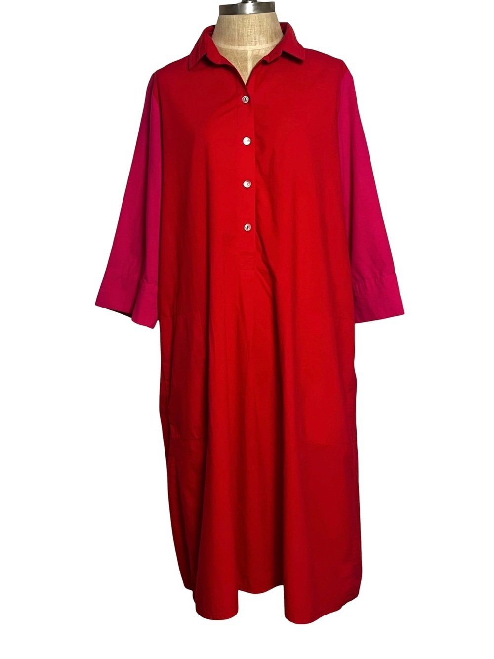 Alembika Orange Pink Colorblock Maxi Shirt Dress Size 2 Oversized Cotton Artsy